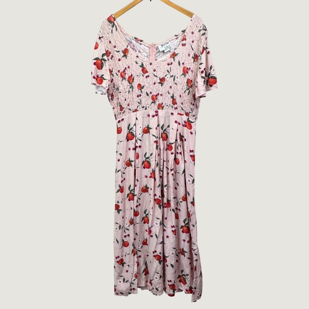 Jeffrey & Dara Vintage Cherry Print‎ Smocked Midi Dress 8 Pink Cottagecore 90s